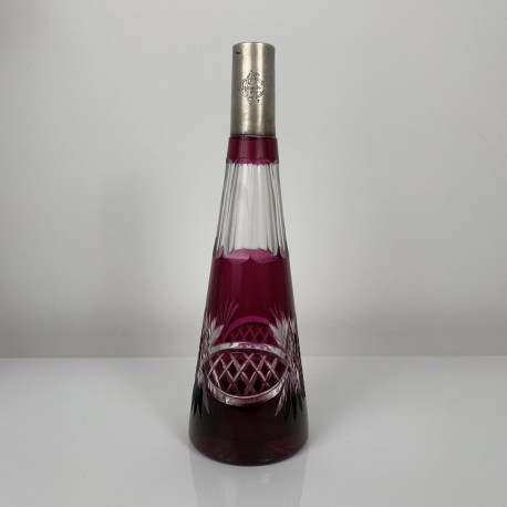 Carafe bouteille ancienne cristal taillé Boheme col en argent 800
