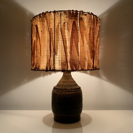 Lampe en céramique Georges Pelletier abat jour en feuilles de Mais