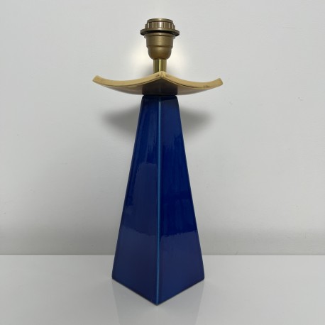 Pied de lampe céramique bleu craquelé et or Louis Drimmer