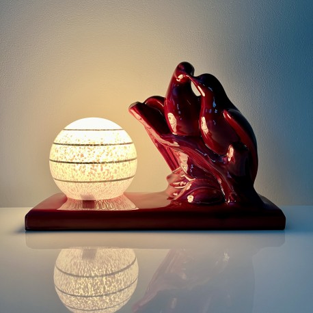 Lampe veilleuse céramique bordeaux couple de colombes Art Deco