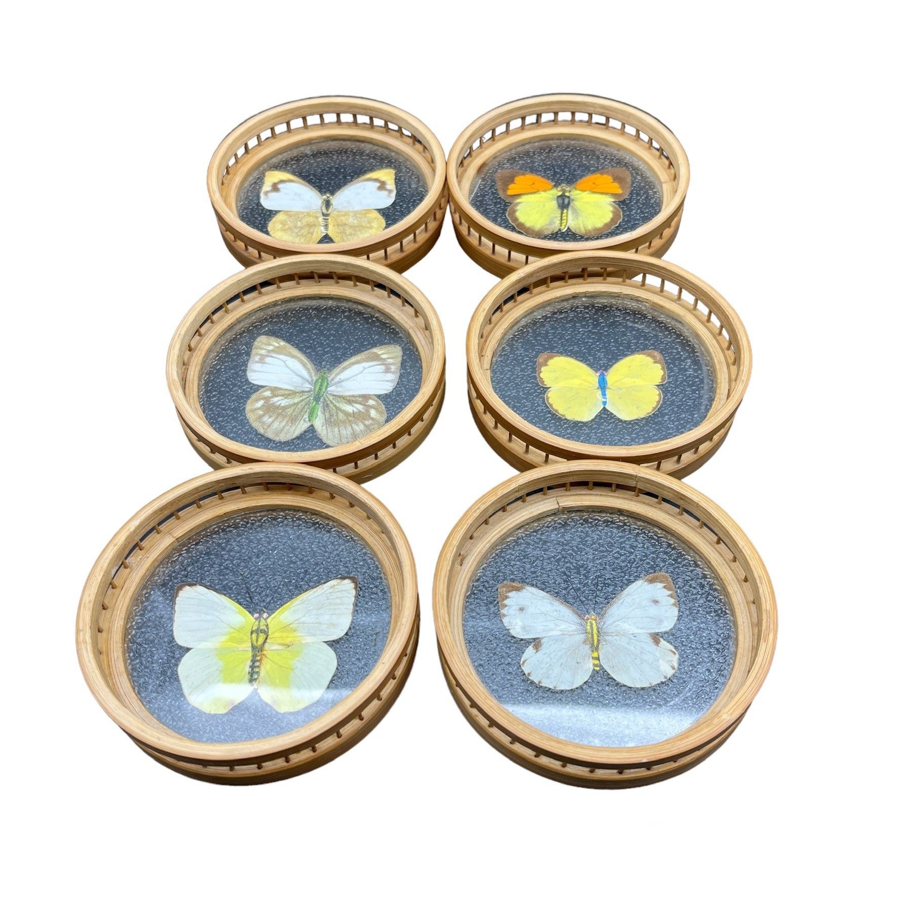 Lot De 6 Dessous De Verre Vintage Papillons - Bambou - Diamètre 8 Cm