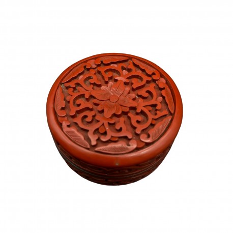 Petite Boite ronde en laque cinabre rouge Cinnabar box lacquer carved