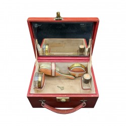 Vanity Case ancien en cuir avec accessoires en laiton email guilloche