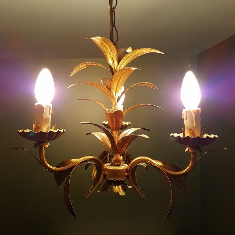 Lustre 3 feux doré décor de feuilles palmes dorés DLG Bagues Paris Jansen