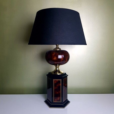 Imposant pied de lampe boule noir doré faux bois style Jansen Barbier vintage