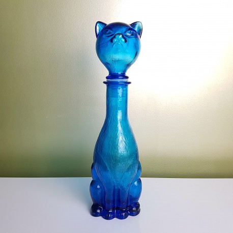 Bouteille carafe italienne en verre de couleur bleu  en forme de chat Genie Bottle