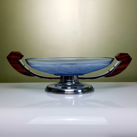 Grande coupe à fruits  vide poche verre pressée bleu décor de pensées poignee bois et pietement chrome