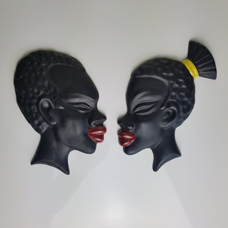 Paire de visage d’afrique africain en platre années 50 60
