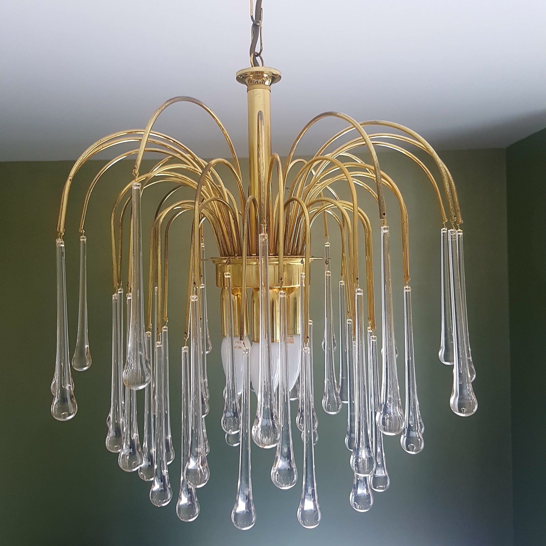 Lustre Couronne 3 Feux – Laiton Doré Et Cristaux – Design 1970 – Vintage