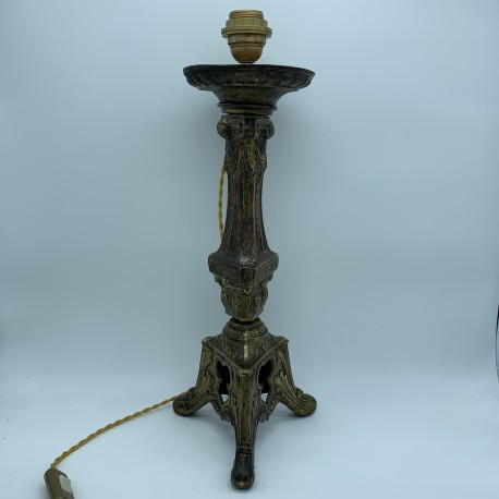 Pied de lampe Bronze laiton doré ancien pique cierge église XIXe candélabre