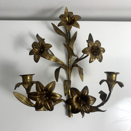 Applique chandelier bronze doré ancien église decor de fleur lys
