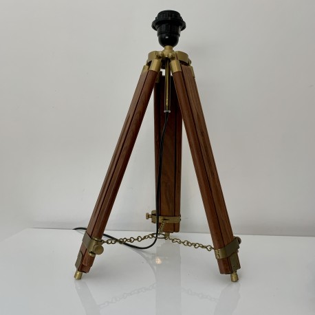 Pied de lampe tripode style geomètre vintage bois exotique et bronze ou laiton