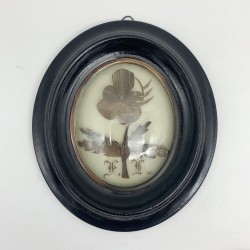 Cadre ovale vitre bombé reliquaire ancien Napoleon 3 fleur cheveux